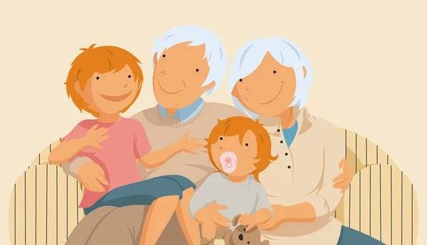 Avós e netos, Retrato de família, Casal de idosos, Ilustração vetorial plana — Vetor de Stock