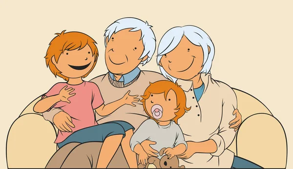 Avós e netos, Retrato de família, Casal de idosos, Ilustração vetorial delineada —  Vetores de Stock