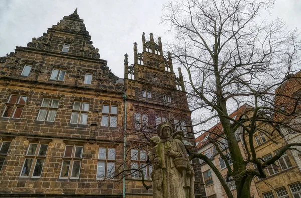 Historische Fassaden Und Brunnenskulpturen Auf Dem Marktplatz Münster — Stockfoto