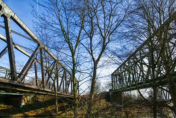 Duas Pontes Ferroviárias Entre Duisburg Muelheim — Fotografia de Stock