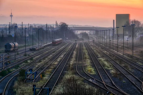 Caminhos Ferro Estaleiro Duisburg Hochfeld Amanhecer — Fotografia de Stock