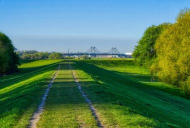 Hiking trail on a dike by the Rhine between Uerdingen and Duisburg in Germany clipart