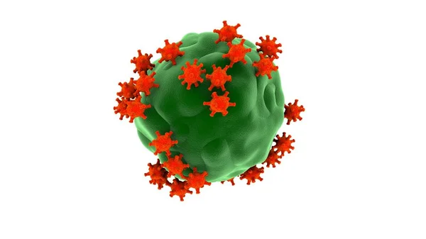3D-rendering av en grön mikroorganism i de röda virusens miljö. Tanken på att skydda kroppens immunförsvar. Illustration av sjukdomar och hur organismer försvarar sig. — Stockfoto