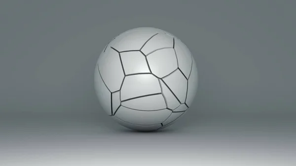 Abstrakte 3D-Illustration einer weißen Kugel isoliert auf weißem Hintergrund mit einem Schatten auf weißer Oberfläche. der Ball ist zerstört und hat viele korrekte Risse. Abstraktion, 3D-Darstellung — Stockfoto