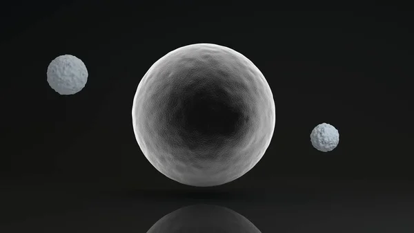 3d renderelés egy nagy ragyogó fehér gömb és két fekete golyó elhelyezett egymás mellett. A tárgyak egy sötét stúdióban vannak. Az ideális figurák elvont összetétele, a fehér és a fekete kombinációja. — Stock Fotó