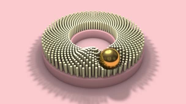 3D animation of a Golden ball moving along the axis of vertically moving cylinders. 3D abstraction, composition for desktop, screensavers. — Stock Footage Animation Golden Ball Moving Axis Vertically Moving Cylinders Abstraction Composition Stock Video