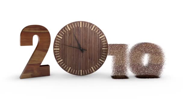 Animación 2019 Fecha Con Reloj Madera Apariencia Año Nuevo 2020 — Vídeo de stock