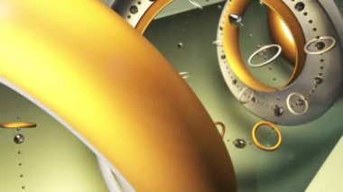 Altın spiral ve hareket halkalarının, kürelerin ve civa damlalarının arka planda 3D animasyonu. 4k soyut canlandırma.