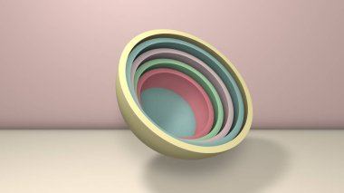 Tabaklara, fincanlara benzeyen birkaç yarımkürenin üç boyutlu çizimi. Segmentler rastgele sıralanmış. 3d biçimlendirme, soyut minimalist arkaplan.