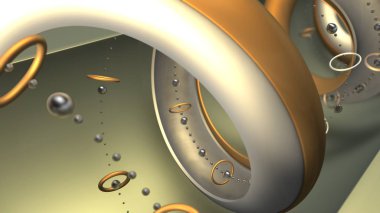 Soyut geometrik şekillerin, gümüş damlaların ve birçok küçük elementin 3 boyutlu bileşimi. Arkaplan resimleri ve ekran koruyucuları için 3d hazırlama.