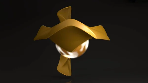 Parlayan bir küre, parlayan bir top ile birbirine bağlı iki eşsiz altın figürün üç boyutlu kompozisyonu. Eşsiz soyut formların fütüristik 3D yorumlanması, refah ve lüks, güç ve enerji fikirleri. — Stok fotoğraf