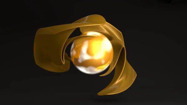 Composición 3D de dos figuras únicas de oro conectadas por una esfera brillante, una bola brillante. Representación 3D futurista de formas abstractas únicas, ideas de prosperidad y lujo, poder y energía . — Foto de Stock