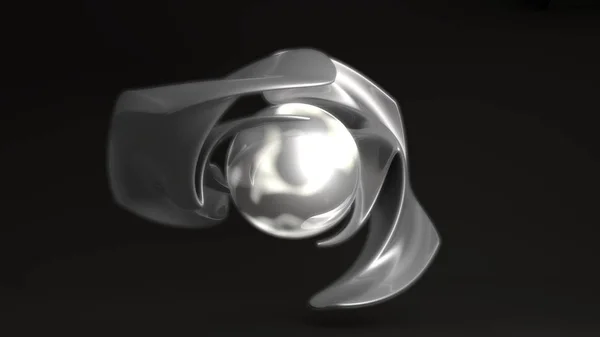 3D композиция из двух уникальных серебряных и платиновых фигур, соединенных светящимся шаром, сияющим шаром. Футуристическое 3D рендеринг уникальных абстрактных форм, процветания и роскоши, власти и энергии . — стоковое фото