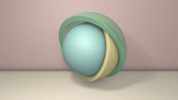 三维的例子说明几个半球，球的一半。 分段是随机排列的，任意排列在不同的位置和大小。 3D渲染，抽象简约背景. — 图库照片