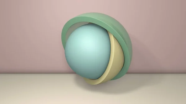 3D illustration of a few hemispheres, the halves of the balls. Segments are arranged randomly, randomly in different positions and sizes. 3D rendering, abstract minimalistic background. — 스톡 사진