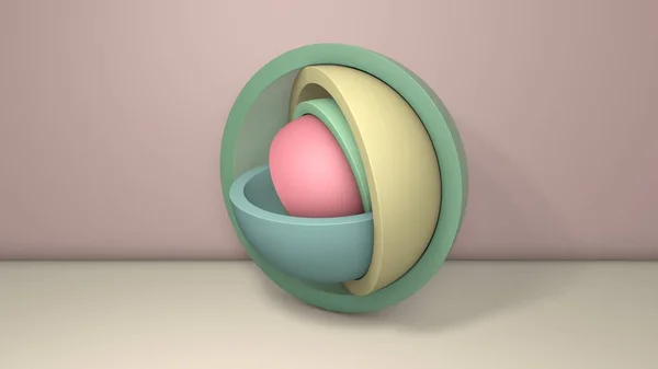 3D illustration of a few hemispheres, the halves of the balls. Segments are arranged randomly, randomly in different positions and sizes. 3D rendering, abstract minimalistic background. — 스톡 사진