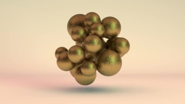 Animation 3D beaucoup de boules d'or en mouvement aléatoire qui apparaissent et entrent en collision, disparaissent. Animation abstraite 4K .
