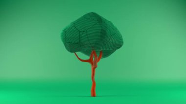 3D animation of a green tree in the style of low poly. The tree loses its leaves and the trunk disintegrates. The idea of an environmental disaster.