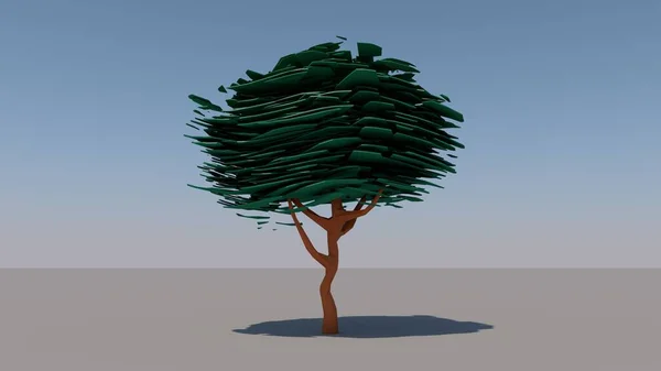 Representación en 3D de un modelo poligonal de un árbol verde con una copa esponjosa cortada en elementos planos. Un árbol en la oscuridad. La idea de especies de plantas en peligro de extinción, la protección del medio ambiente. Imagen de fondo — Foto de Stock
