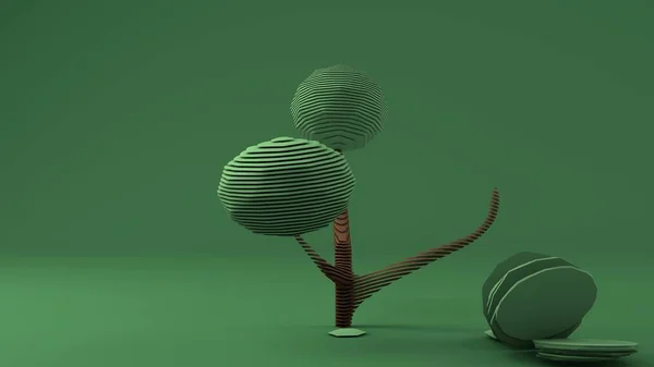 Representación 3D de un modelo poligonal de un árbol verde. Bajo estilo poli. Un árbol con una corona de esferas verdes cortadas. La idea de la protección del medio ambiente, Minimalismo en la imagen . —  Fotos de Stock