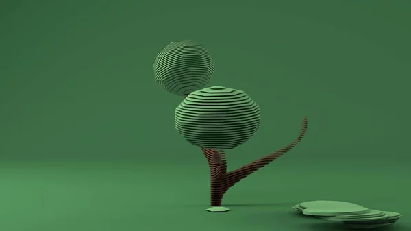 Egy zöld fa sokszögű modelljének 3D-s ábrázolása. Alacsony poli stílus. Egy fa, kivágott zöld gömbökkel. A környezetvédelem gondolata, minimalizmus a képben. — Stock Fotó