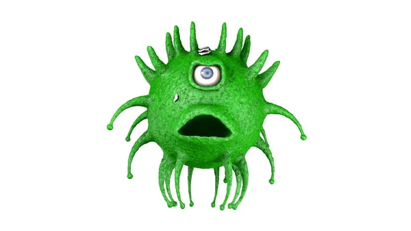 Rendering 3D di un occhio spaventoso e virus verde. Coronavirus dalla Cina. Prodotto in Cina. Il coronavirus è furioso e pericoloso. Illustrazione per composizioni mediche e scientifiche . — Foto Stock