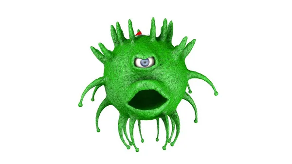 Rendering 3D di un occhio spaventoso e virus verde. Coronavirus dalla Cina. Prodotto in Cina. Il coronavirus è furioso e pericoloso. Illustrazione per composizioni mediche e scientifiche . — Foto Stock