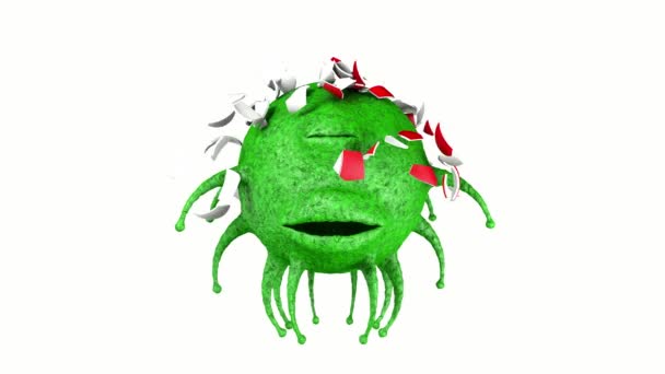 片目の恐ろしい緑のウイルスの3Dレンダリング 中国産コロナウイルス 中国製 コロナウイルスは眠っていて 丸薬は頭に当たった 科学の構成のためのイラスト — ストック動画