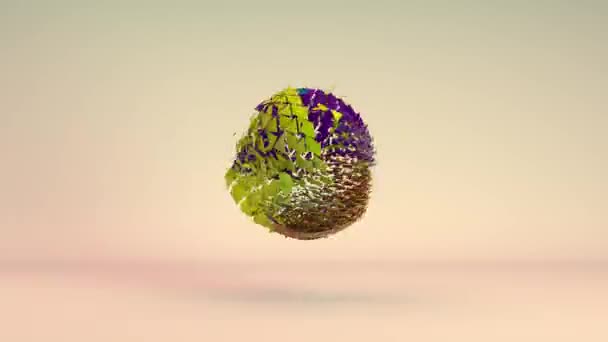 Animation 3D d'une figure abstraite, d'un objet sphérique, d'une boule qui palpite et explose, se divisant en plusieurs fragments et se rassemblant. La balle change de couleur. Animation abstraite 4K .