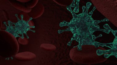 Üç boyutlu tıbbi arka plan, kırmızı kan hücreleri ve yeşil virüsler. Koronavirüsle ilgili tıbbi posterler için resim. Tıbbi, biyolojik tasarım.