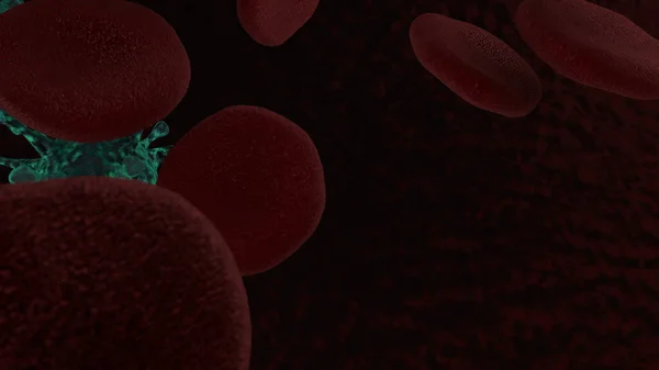 3D rendering of medical background, red blood cells and green viruses. Illustration for medical posters dealing with coronavirus. Medical, biological design.