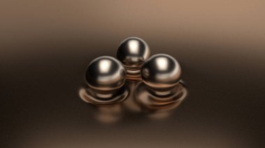 Üzerinde bronz damlalar uçuşan üç boyutlu metalik sıvı bir zemin. Manyetik alanda havalanır ve birbirleriyle birleşip yüzeyi etkiler. Masaüstü için arkaplan resmi.