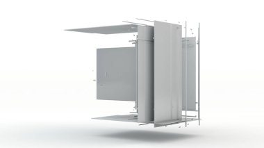 Soyut beyaz bir küpün üç boyutlu görüntüsü parçalanmış. Beyaz yüzeyin üstündeki boşlukta küp bölümleri.