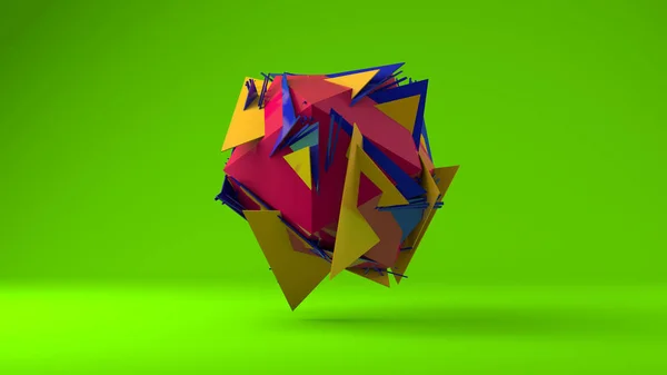 3D rendering of an abstract polyhedron. Plato\'s body is torn apart. The polyhedron fragments are randomly arranged in space.