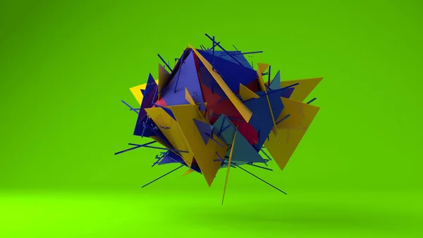 3D rendering of an abstract polyhedron. Plato's body is torn apart. The polyhedron fragments are randomly arranged in space.