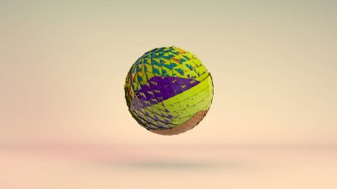 Birçok renkli çokgen, element ve parçadan oluşan üç boyutlu bir figür. Uzayda parçalanmış bir küre.