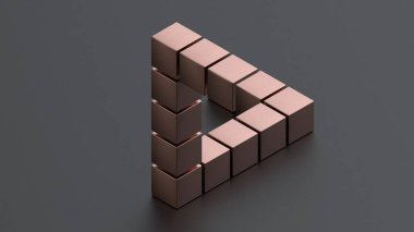 Bir mat yüzeyinde pembe metal küplerden oluşan imkansız bir üçgenin 3 boyutlu yansıması. Bilmece, optik illüzyon, izometrik projeksiyon.