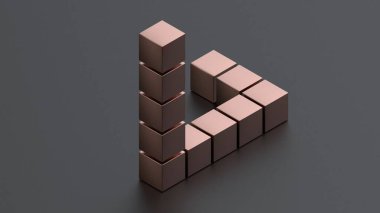 Pembe metal küplerden oluşan imkansız bir üçgenin üç boyutlu yansıması ve bir mat yüzeyindeki eksik element. Optik illüzyonun gizemi, izometrik projeksiyon.