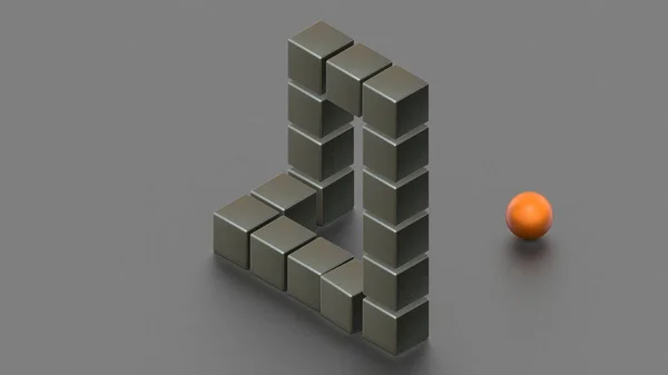 Візуалізація Неможливої Фігури Складається Металевих Кубиків Єдиної Золотої Кулі Ілюстрація — стокове фото