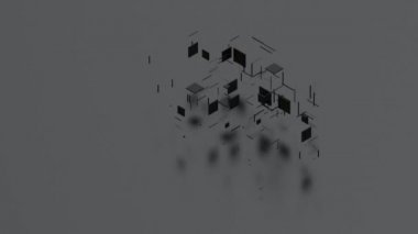 Tek renkli bir yüzeyde beliren imkansız siyah bir üçgenin 3D animasyonu. 3D grafik ve soyut sanatın sembolü olan segmentlerden ve 3D metinden bir şekil oluşur..