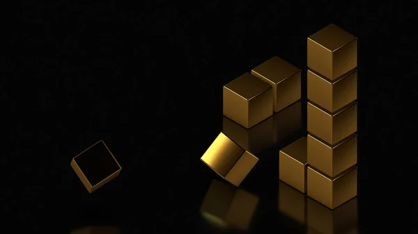 3D rendering of an impossible triangle of gold cubes on a black surface. Abstract image for background, screen saver. One cube is missing. The idea of an unsolved riddle.