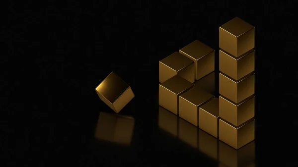 Renderelés Egy Lehetetlen Háromszög Arany Kockák Egy Fekete Felületen Absztrakt — Stock Fotó