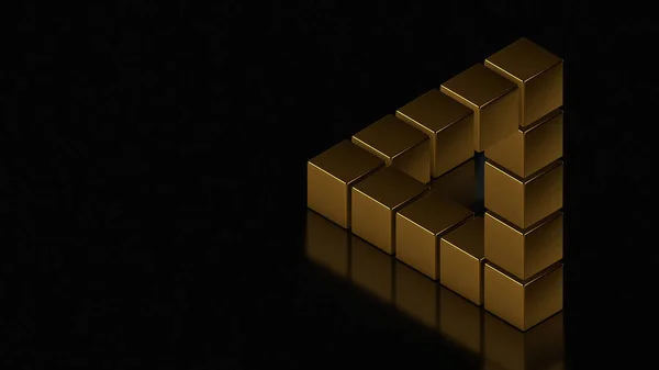 3D rendering of an impossible triangle of gold cubes on a black surface. Abstract image for background, screen saver. The idea of financial instability, deception, and economic miracle.