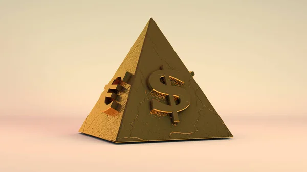 Egy Arany Piramis Renderelése Valuta Szimbólumokkal Egy Pénzügyi Piramis Illusztrációja — Stock Fotó