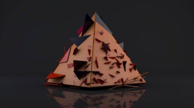 Geometrik soyutlamanın 3 boyutlu canlandırması. Piramit parçalara ayrıldı, parçalara ayrıldı. Piramit monte ediliyor ve restore ediliyor. Eksiklik fikri, eylemlerin devamı.
