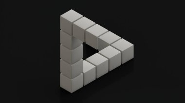 Siyah bir yüzeyde beyaz küplerin imkansız bir üçgeninin 3 boyutlu yansıması. Arkaplan için tek renkli resim, ekran koruyucu. Matematiksel ve geometrik bulmaca fikri, bir optik illüzyon.