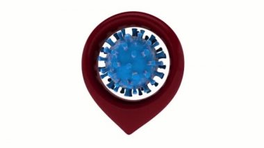 Bir koronavirüs bakterisinin 3 boyutlu animasyonu, Navigator 'un kırmızı iğnesinde dönen bir enfeksiyon. Bir salgının parlama noktalarını gösteren bir işaret fikri. Alfa kanalı ile 4K canlandırması.