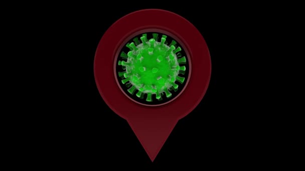 ナビゲーターの赤いピンを回転する感染症であるコロナウイルス細菌の3Dアニメーション パンデミックのフラッシュポイントへのポインタのアイデア アルファチャンネル付き4Kアニメーション — ストック動画