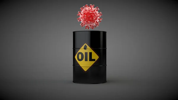 三维渲染黑色油桶和红色病毒 这是对石油工业威胁的概念 图像在黑暗 渐变的背景上 孤立的 — 图库照片