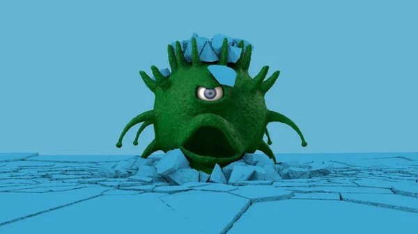 恐ろしい怒りのコロナウイルスの3Dレンダリングは 緑色の片目のドラゴンは その頭の上に角を持つ青い表面を飛んでいます ウイルスの回転が表面を破壊し それに対して怒って飛んでいる — ストック写真